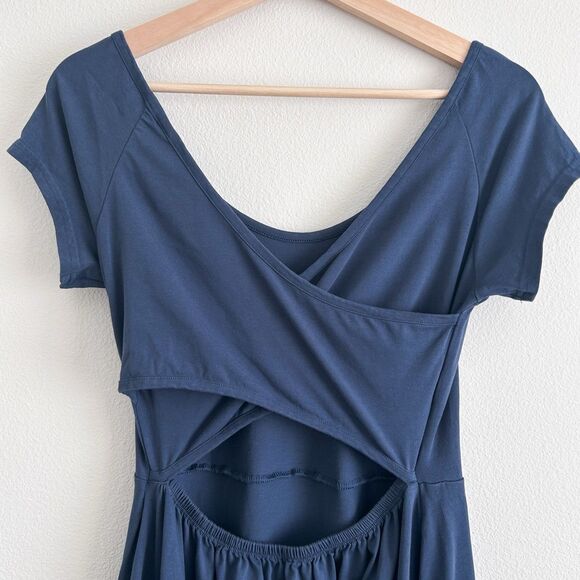 PACT Organic Cotton Stretch Blue Helena Crossback Mini Dress Pockets Medium FLAW - Picture 4 of 11